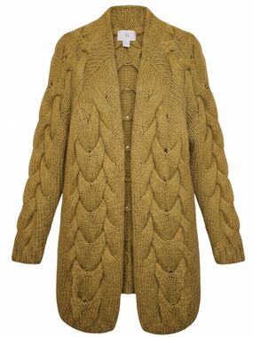 H&M Alpaca Wool Blend Oversized Cable Knit Cardigan Sweater Mustard Green 4